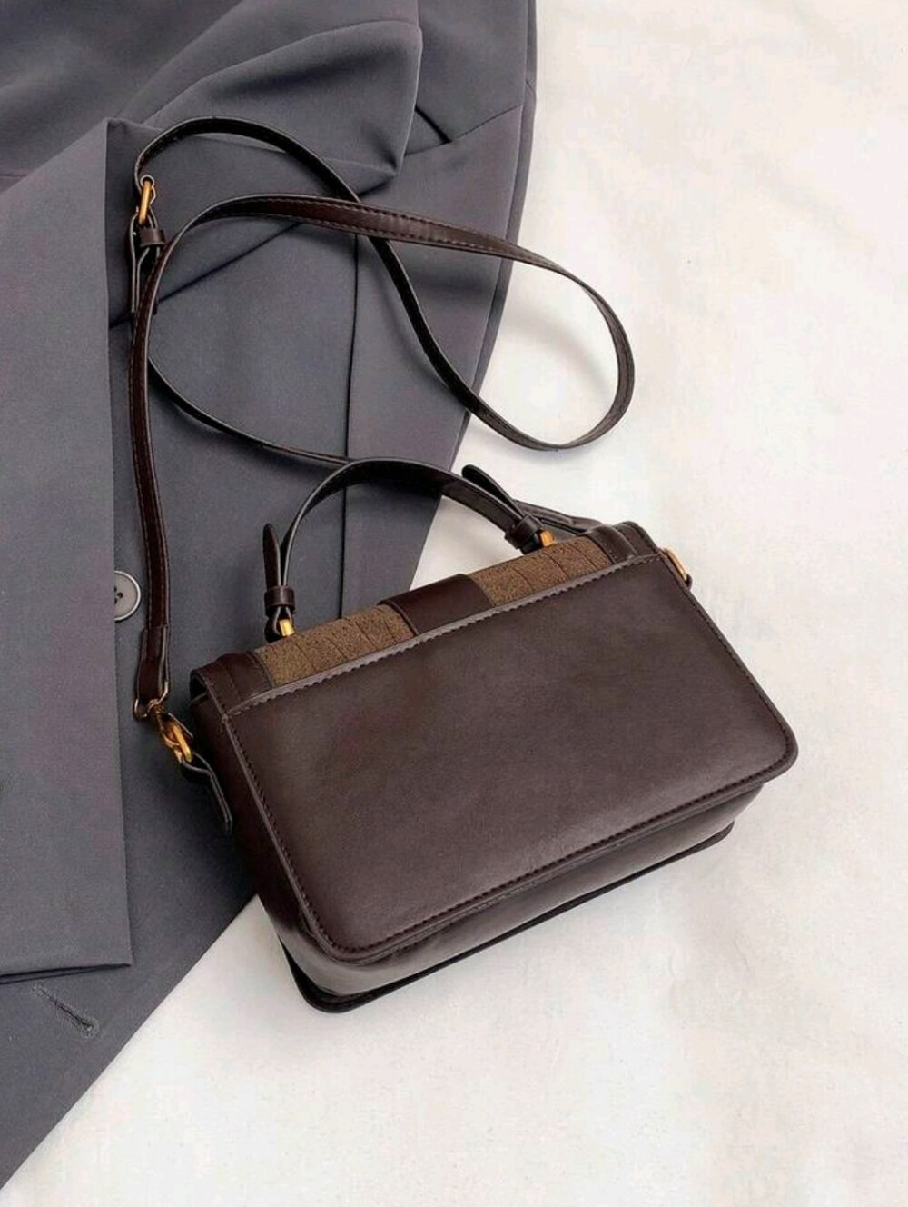 Brown Structured Top-Handle Crossbody Bag with Gold Hardware - Picture 4 of 6